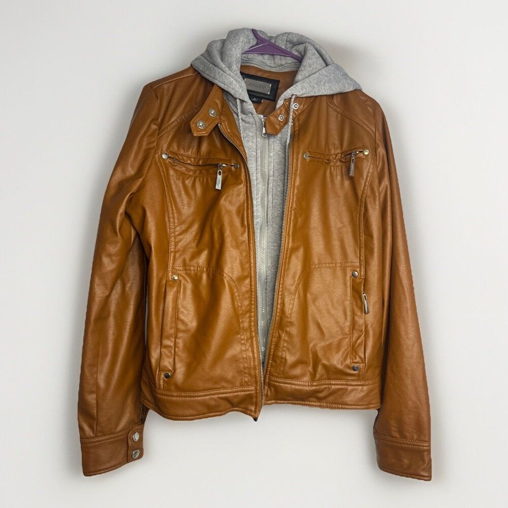 Jou Jou L  Light Brown Zip Faux-Leather Hoodie Moto Jacket Faux Fur Interior